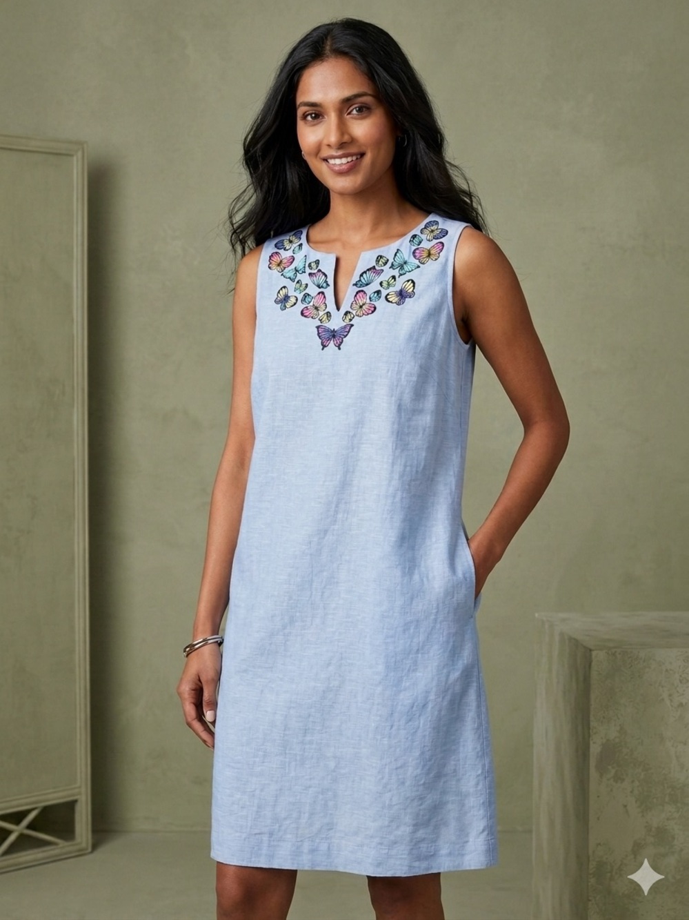 Talbots Blue Linen Cotton Shift Dress Women's 14W Sleeveless V-Neck Embroidered